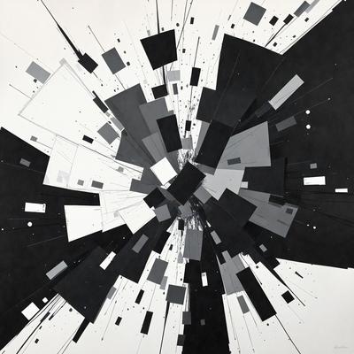 The primary subject of the image is a black and white artwork featuring a circle with various shapes and patterns. The setting is a white background, and the visual style appears to be a combination of digital art and illustration. The dominant colors are black and white, creating a bold and striking atmosphere.